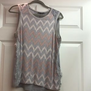 Blouse. Grey and salmon chevron. Lace side detail